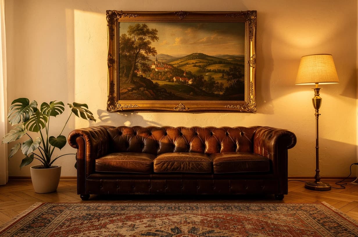 Český byt s romantickou krajinou v ornamentálním zlatém rámu