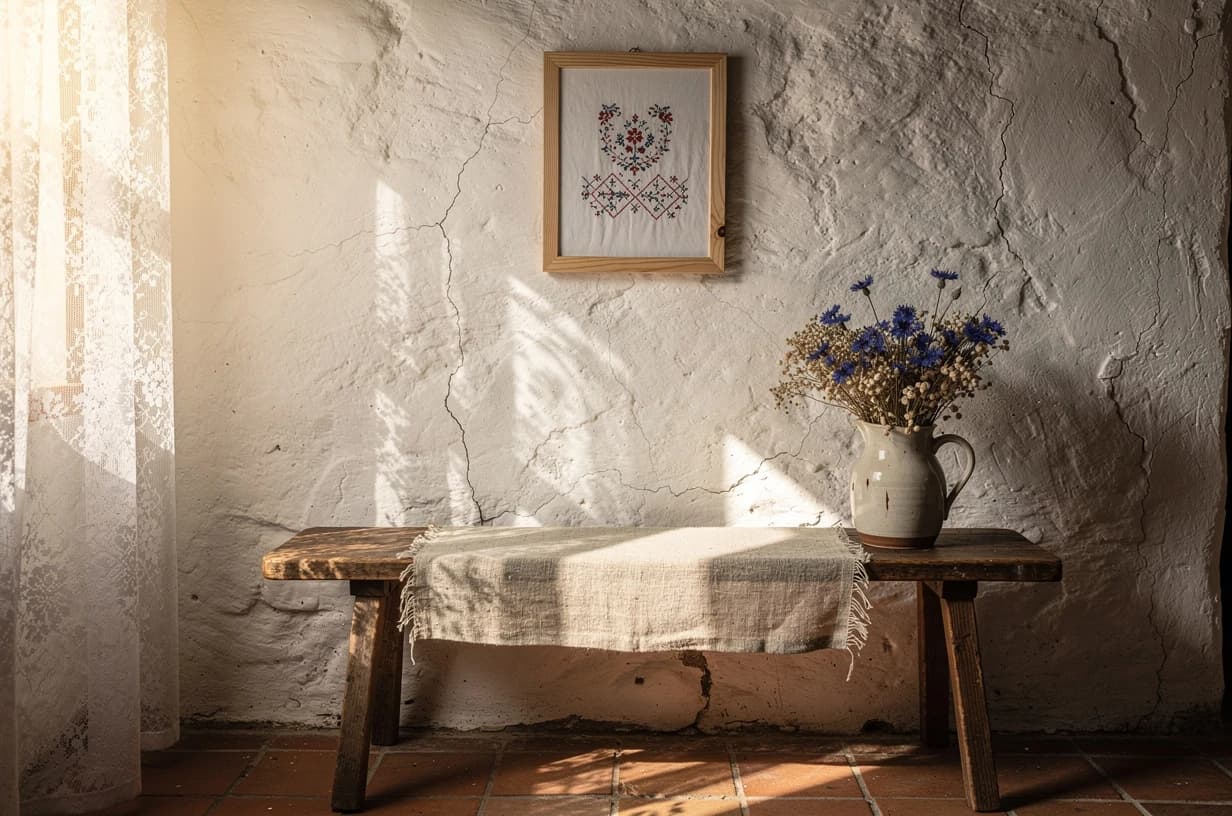 Venkovská chaloupka s jednoduchou folklorní výšivkou v borovicovém rámu