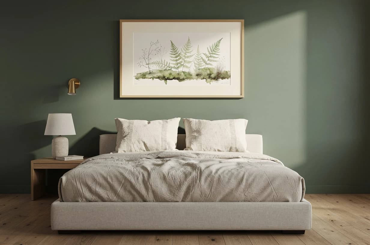 Sage green ložnice s botanickou akvarelou nad postelí