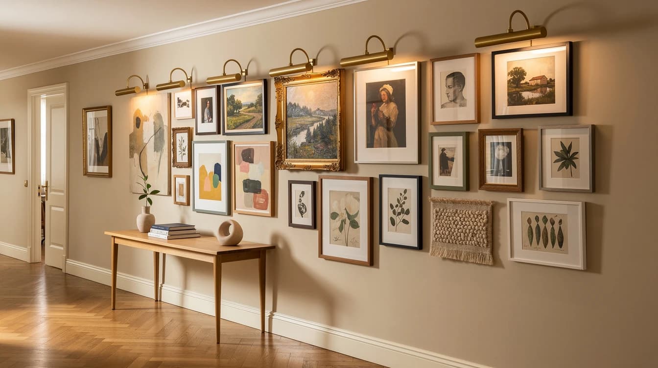 Dlouhá chodba s 16 rámy, salon hang s picture lamps