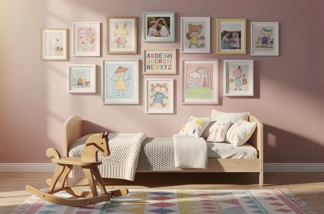 Dětský pokoj — stěna plná dětských kreseb v pastelových rámech