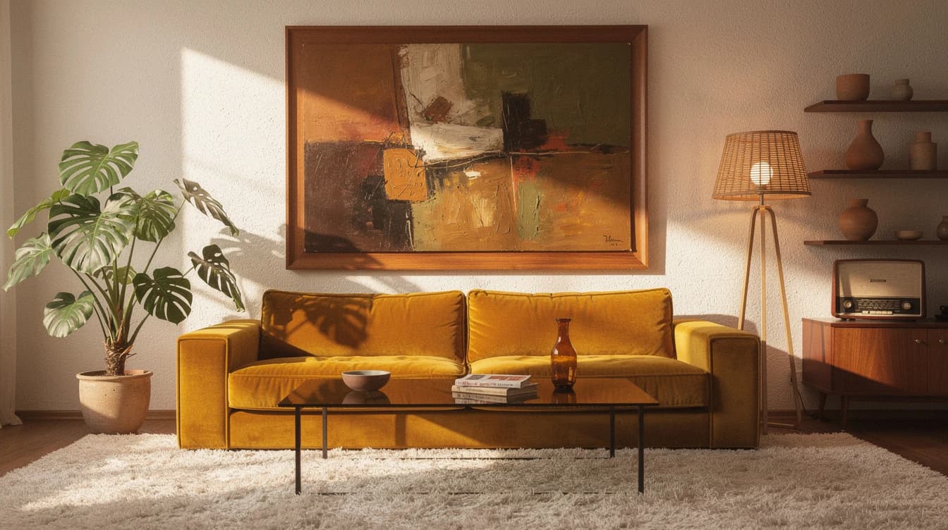 Retro 70s interiér s abstraktní olejomalbou v teakovém rámu