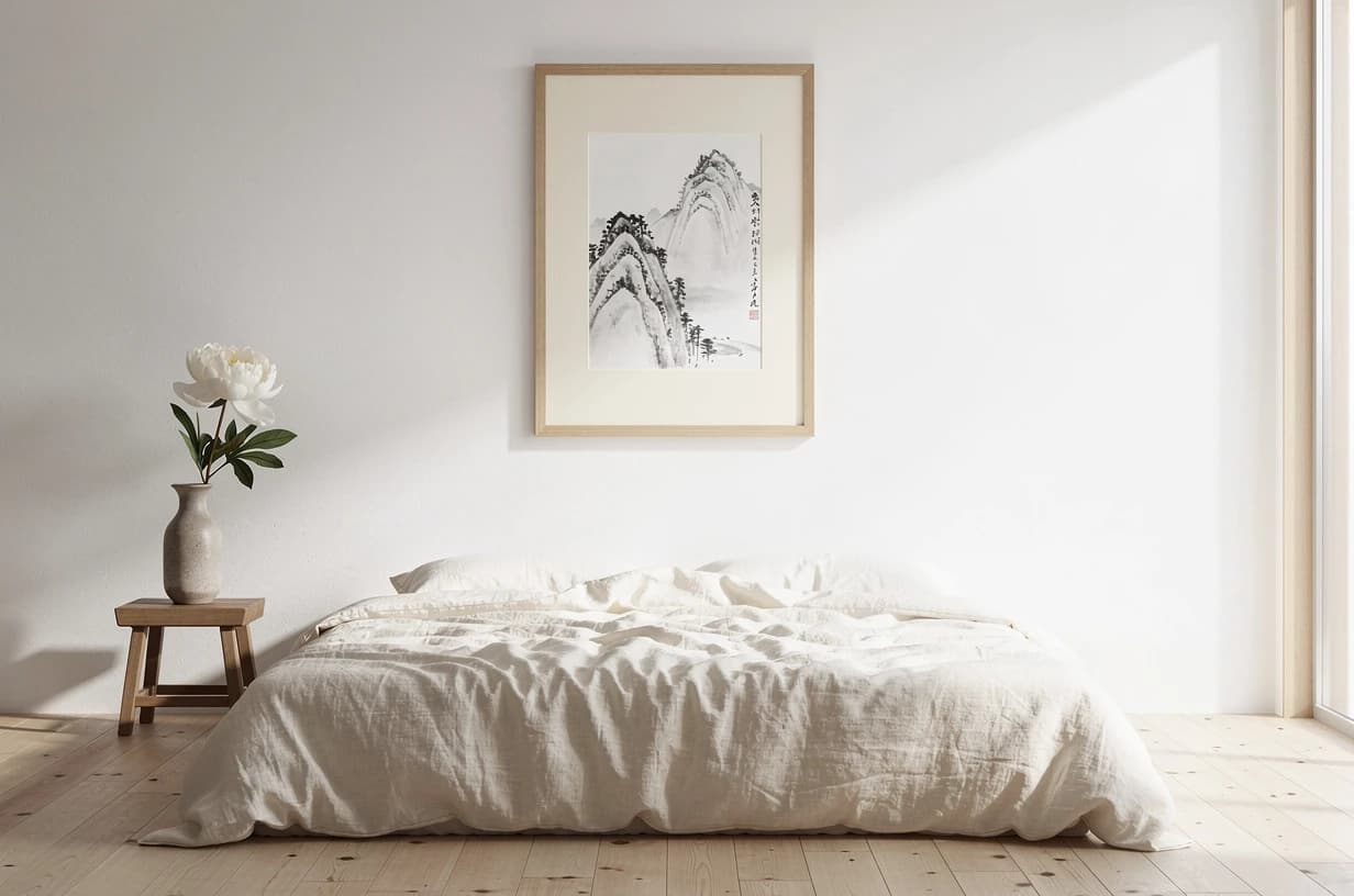 Japonsky laděná ložnice s inkoustovou malbou v oakovém rámu