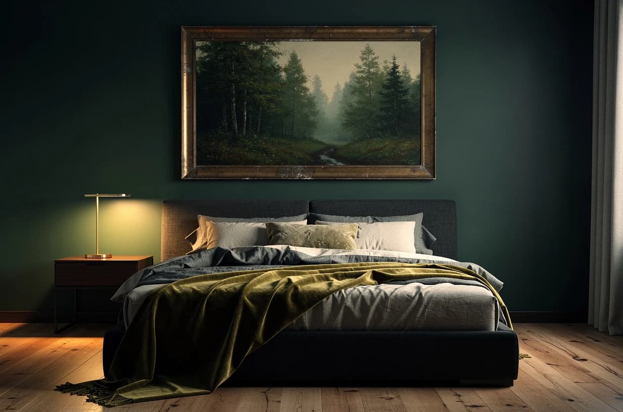 Tmavá ložnice — atmosférická krajina v patinovaném bronzovém rámu