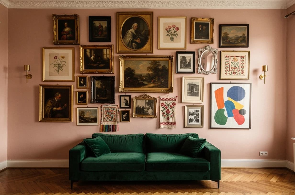 Růžová stěna s 25+ obrazy — pražský klasický byt