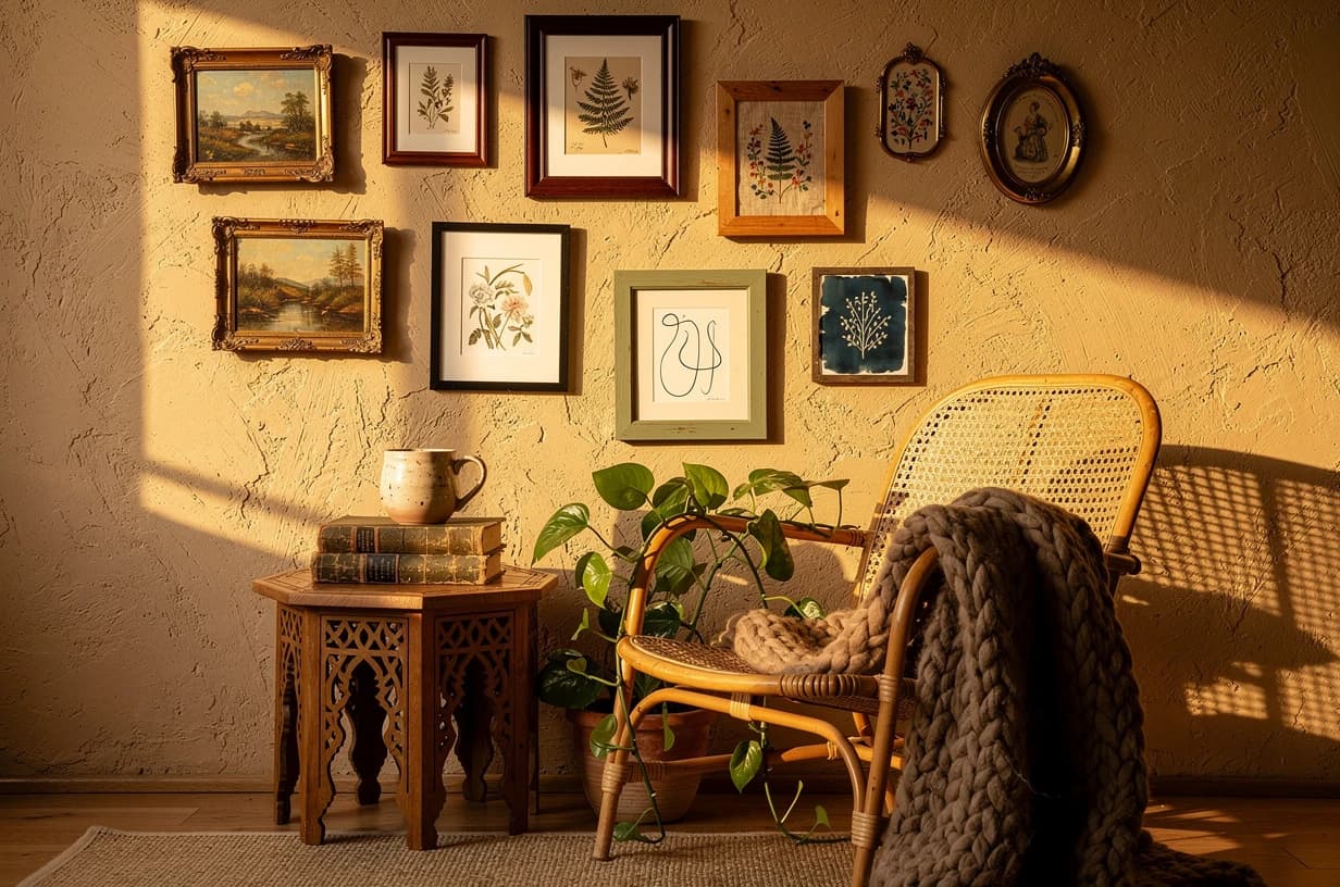 Bohemian čtecí kout s eklektickým mixem rámů