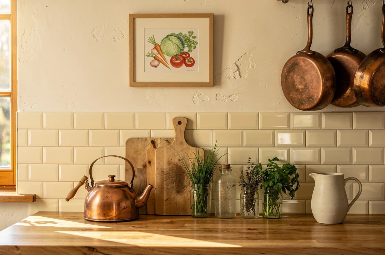 Venkovská kuchyň s akvarelou zeleniny v oakovém rámu