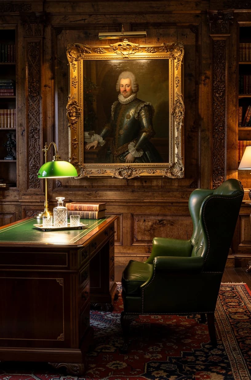 Tmavá dřevěná pracovna s historickým portrétem v baroque rámu