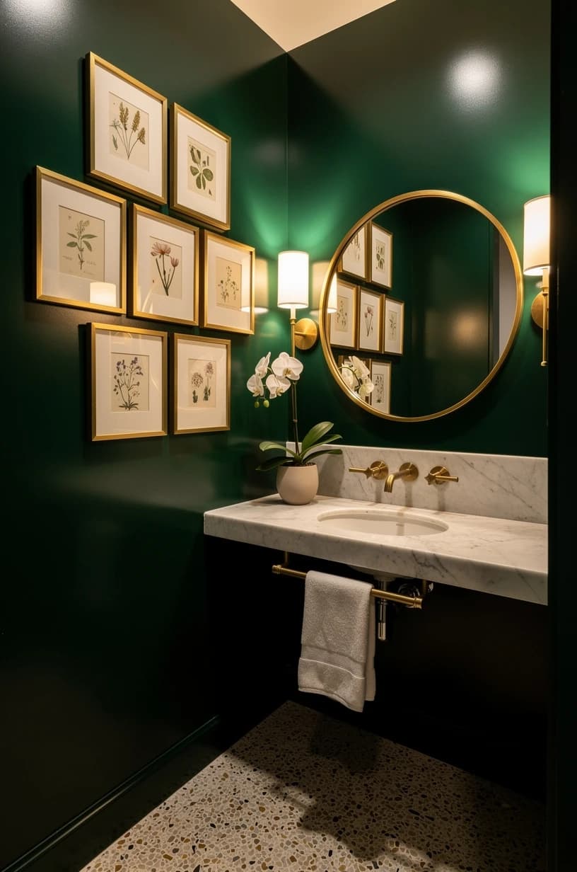 Tmavě zelená koupelna — cluster botanických rámů a zlaté zrcadlo