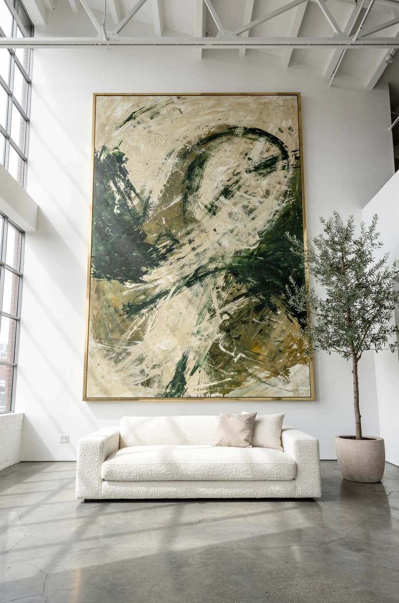 Vysoký loft s jedním monumentálním obrazem v mosazném rámu