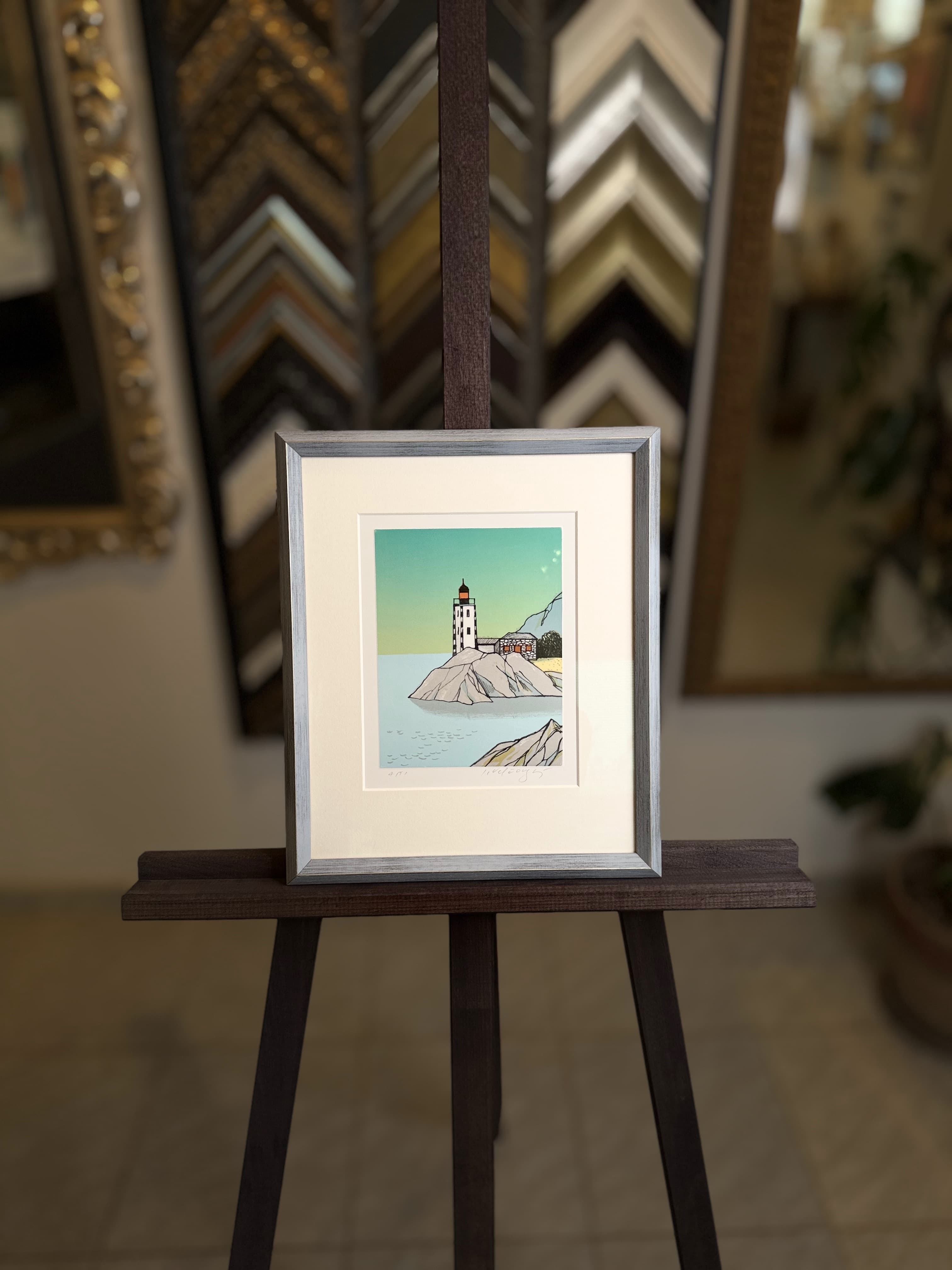 Kolorovaná grafika — maják — Stříbrný patinovaný rám | Atelier Homolka