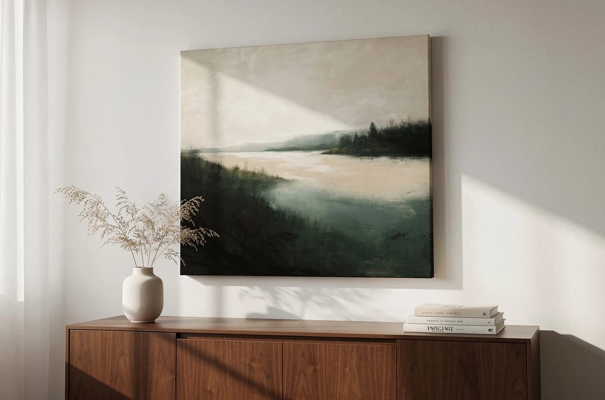 Leinwanddruck an einer Wand über einem Sofa